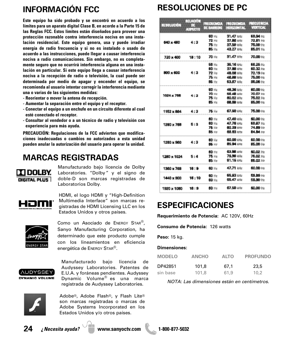 Información fcc, Resoluciones de pc marcas registradas, Especificaciones | Sanyo 2D-3D HDTV LCD DP42851 User Manual | Page 24 / 40