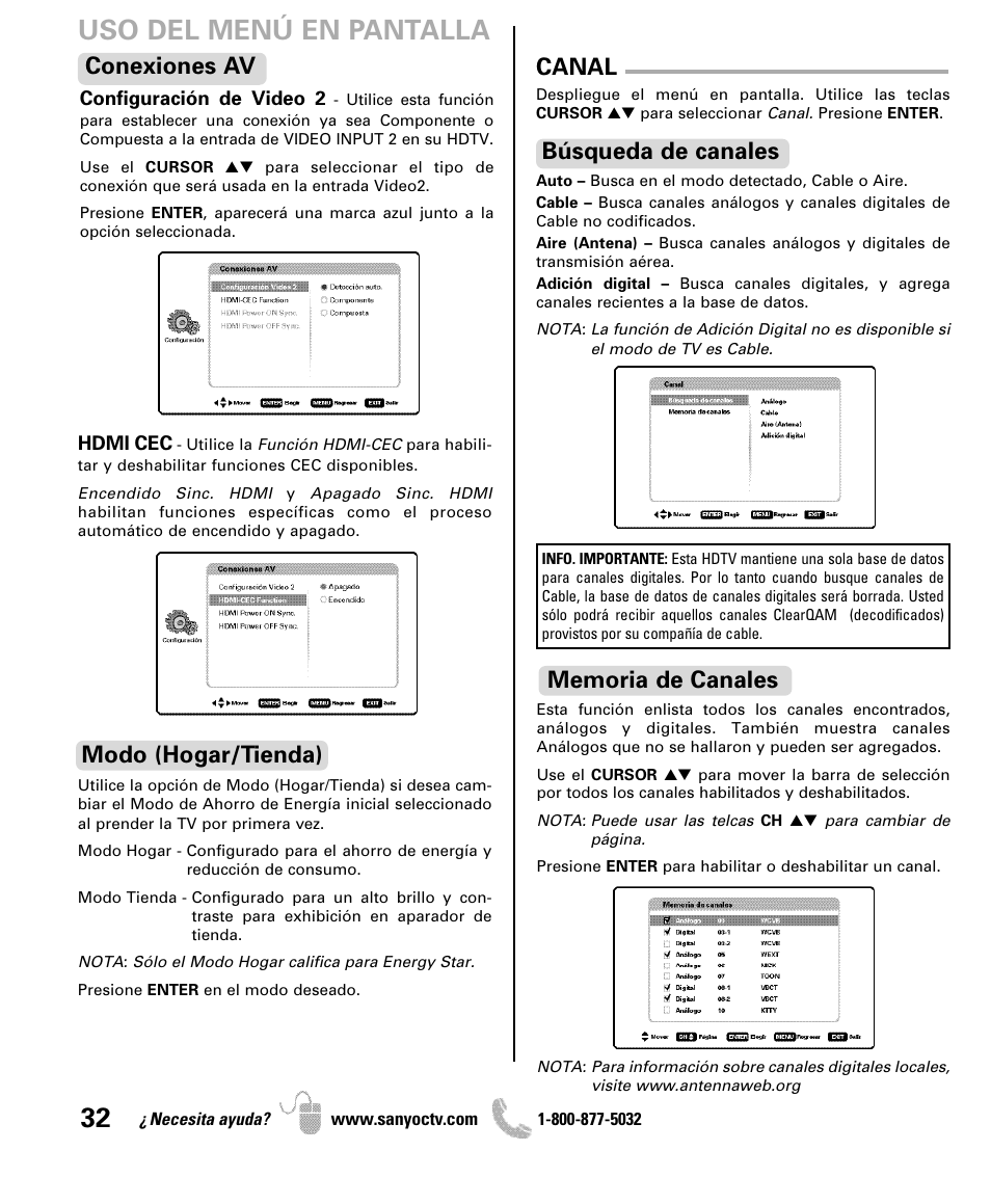 Uso del menú en pantalla, Conexiones av, Modo (hogar/tienda) canal | Búsqueda de canales | Sanyo 2D-3D HDTV LCD DP42851 User Manual | Page 32 / 40