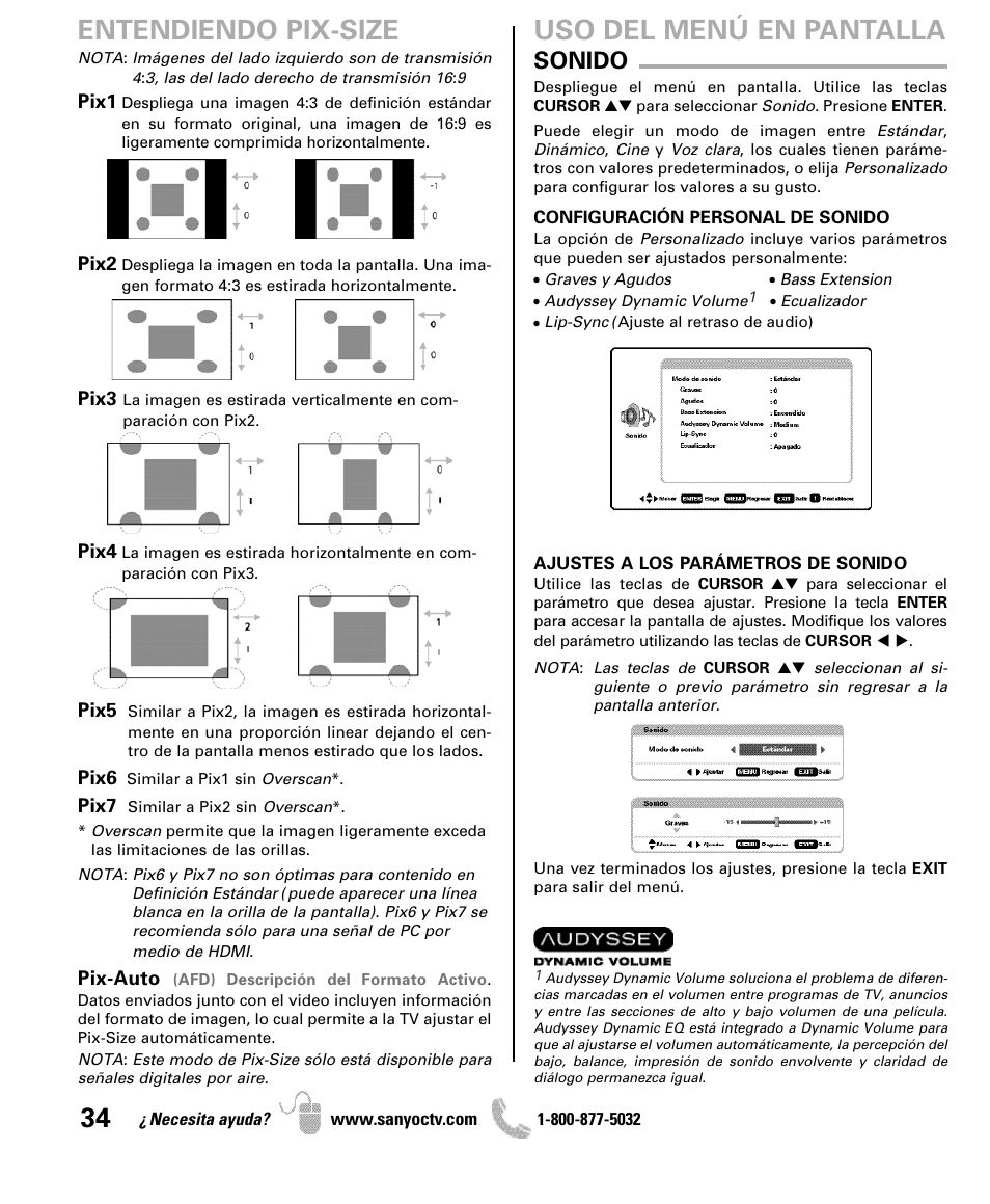 Entendiendo pix-size, Uso del menú en pantalla, Sonido | Sanyo 2D-3D HDTV LCD DP42851 User Manual | Page 34 / 40