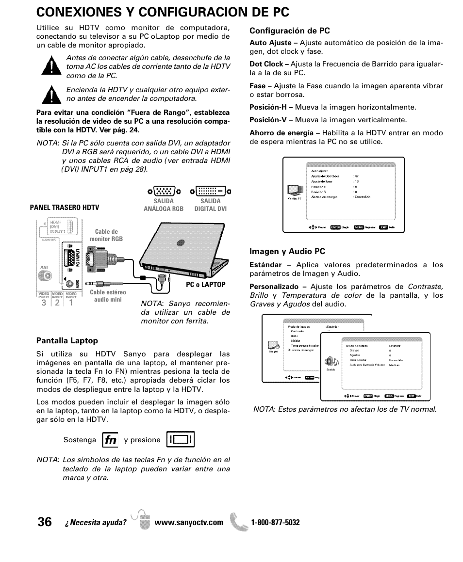 Conexiones y configuracion de pc | Sanyo 2D-3D HDTV LCD DP42851 User Manual | Page 36 / 40