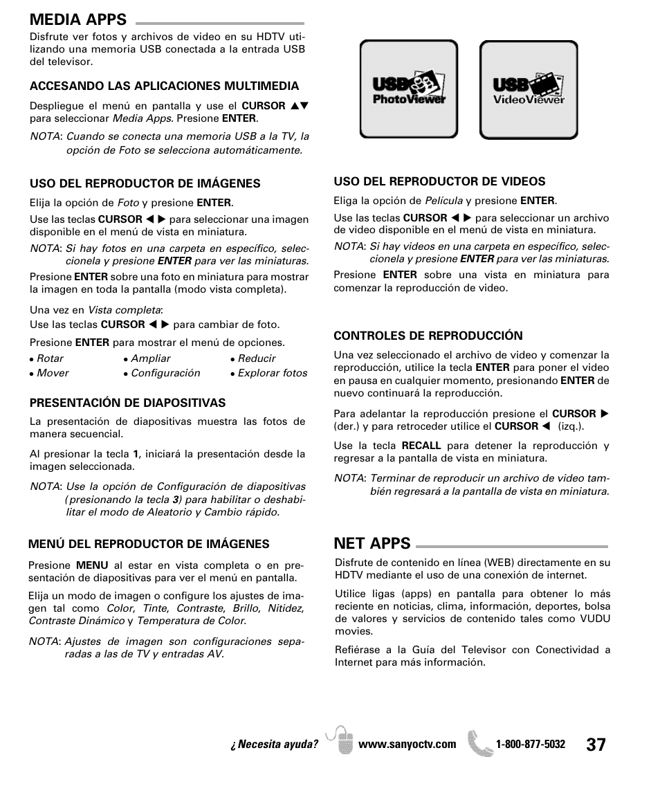 Media apps net apps | Sanyo 2D-3D HDTV LCD DP42851 User Manual | Page 37 / 40