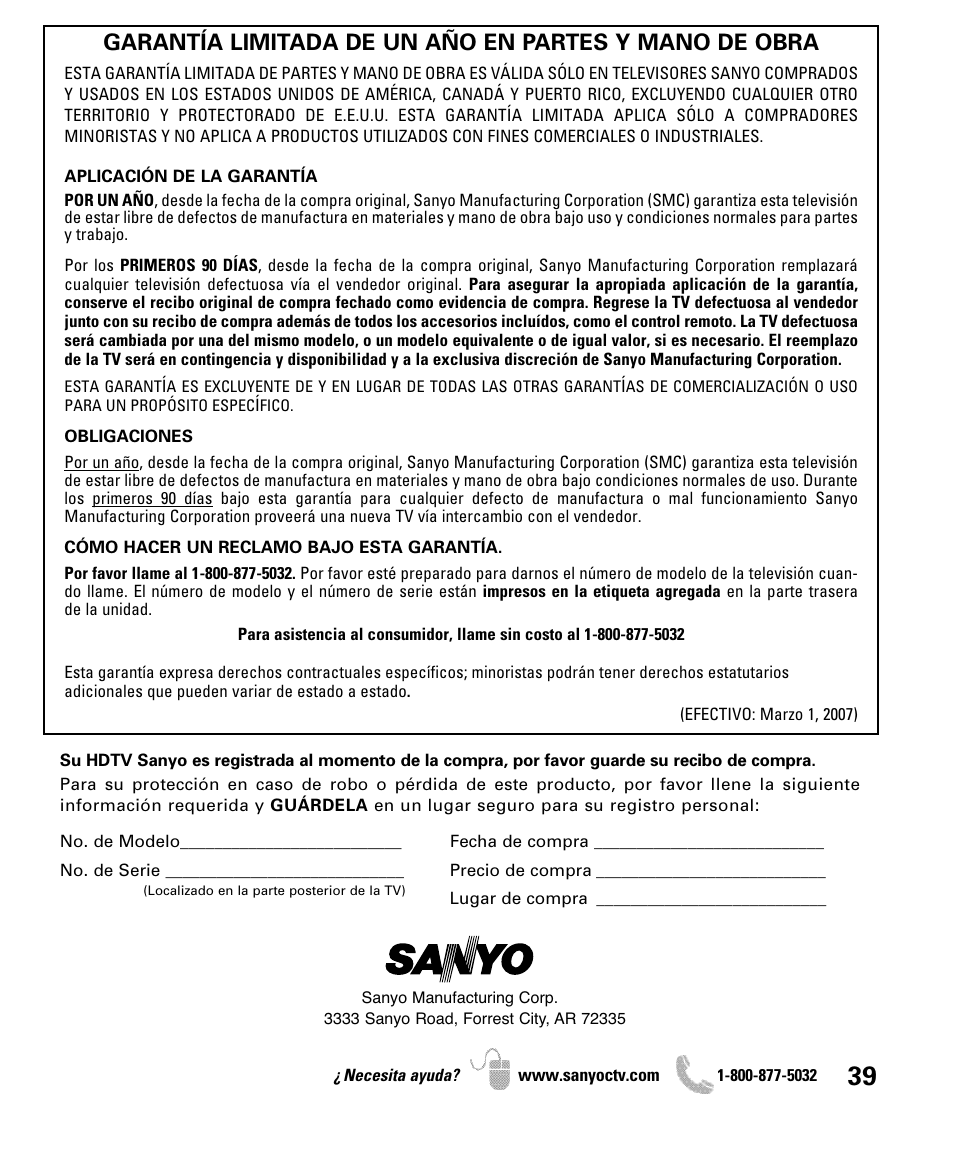 Sanyo 2D-3D HDTV LCD DP42851 User Manual | Page 39 / 40