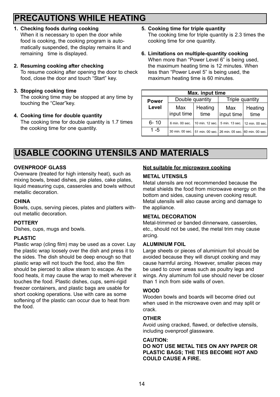 Precautions while heating, Usable cooking utensils and materials | Sanyo EM-S1000 User Manual | Page 14 / 18