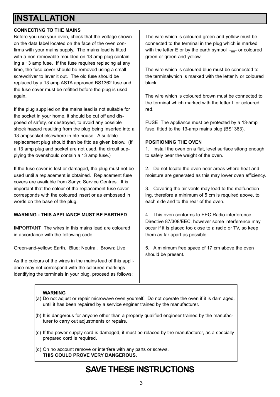 Installation, Save these instructions | Sanyo EM-S1000 User Manual | Page 3 / 18