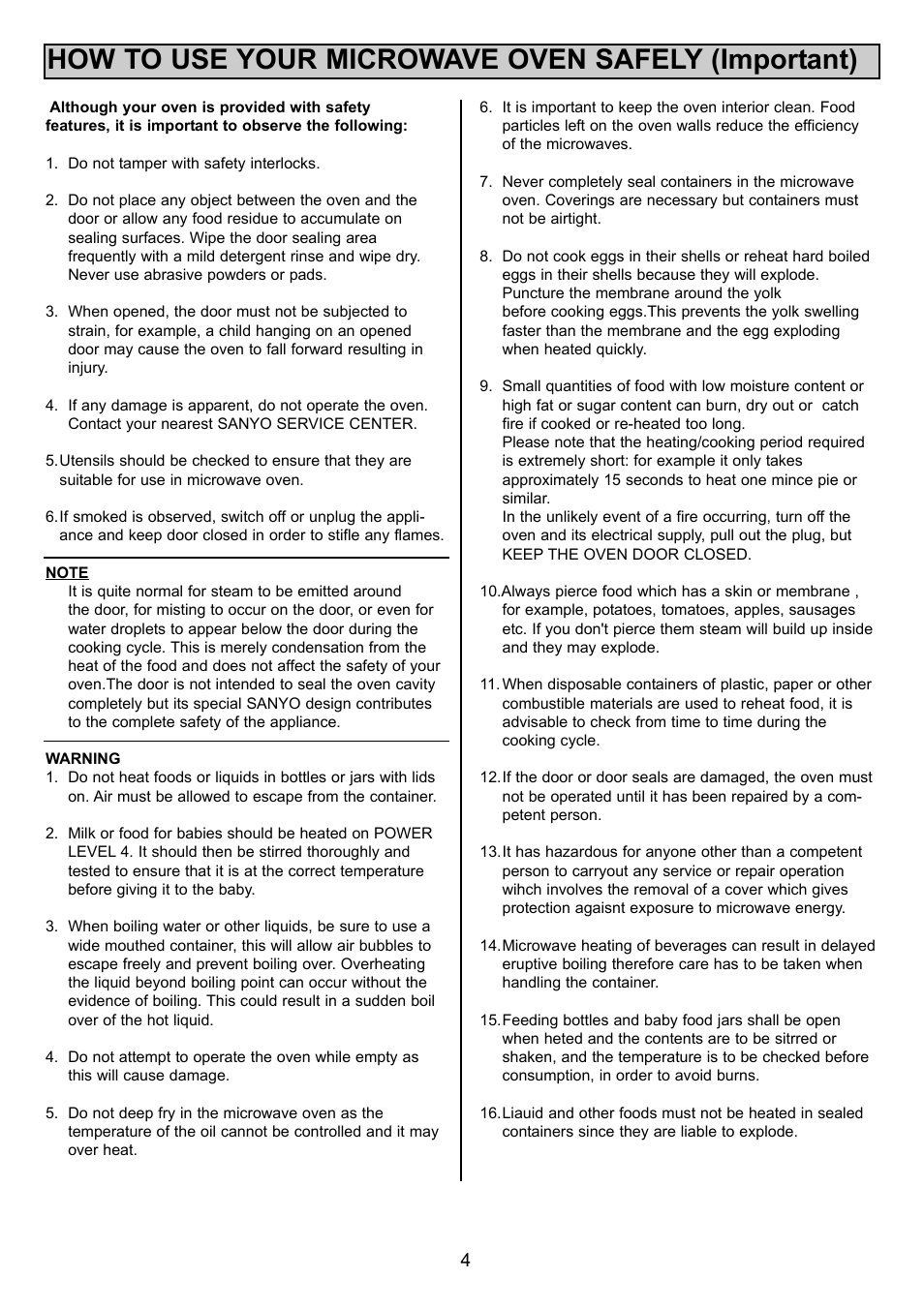 How to use your microwave oven safely (important) | Sanyo EM-S1000 User Manual | Page 4 / 18