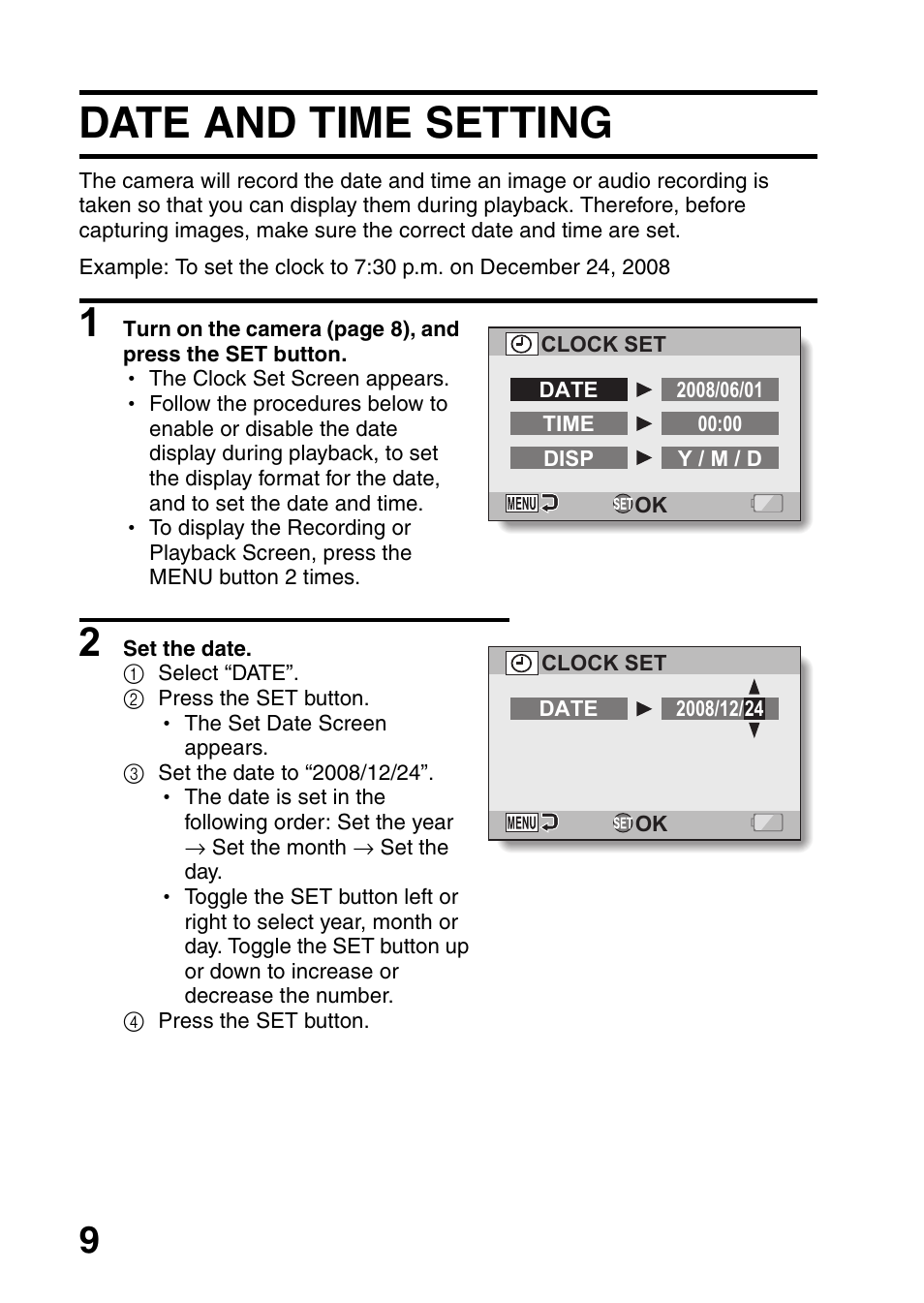 Date and time setting | Sanyo VPC-HD1010EX User Manual | Page 10 / 26