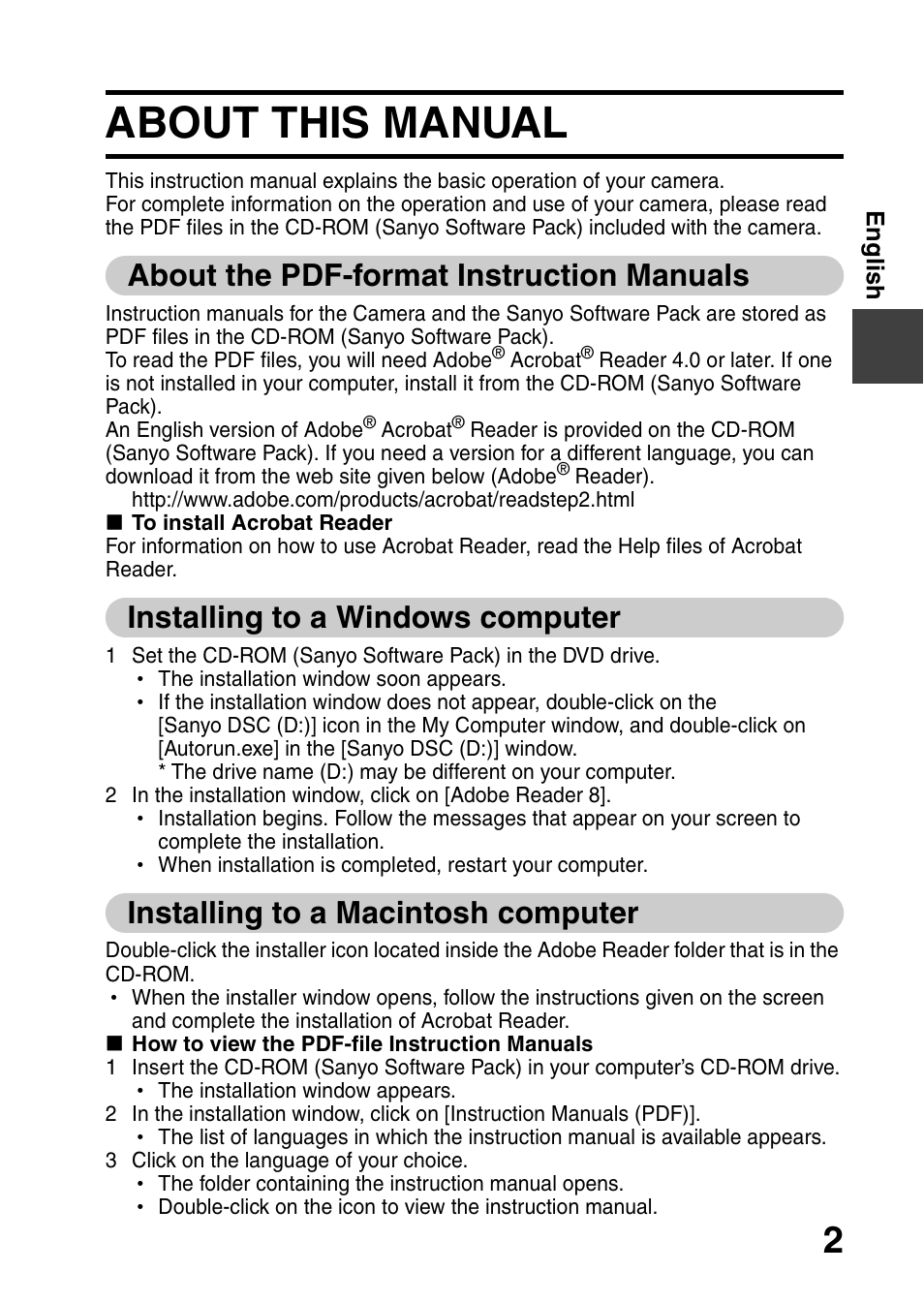 About this manual, About the pdf-format instruction manuals, Installing to a windows computer | Installing to a macintosh computer | Sanyo VPC-HD1010EX User Manual | Page 3 / 26