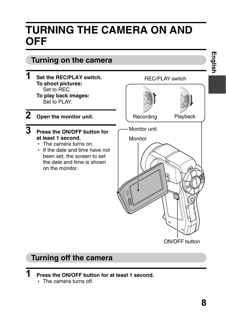 Turning the camera on and off, Turning on the camera, Turning off the camera | Sanyo VPC-HD1010EX User Manual | Page 9 / 26