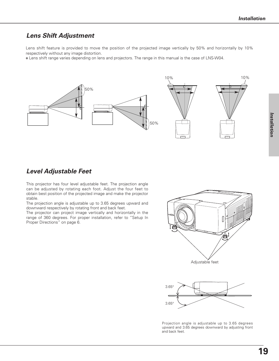 Lens shift adjustment, Level adjustable feet | Sanyo PLC-XF60A User Manual | Page 19 / 82