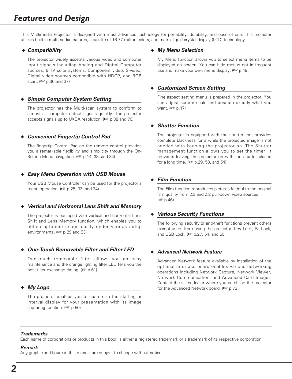 Features and design | Sanyo PLC-XF60A User Manual | Page 2 / 82