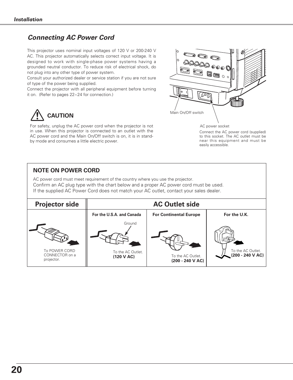 Connecting ac power cord, Projector side ac outlet side | Sanyo PLC-XF60A User Manual | Page 20 / 82