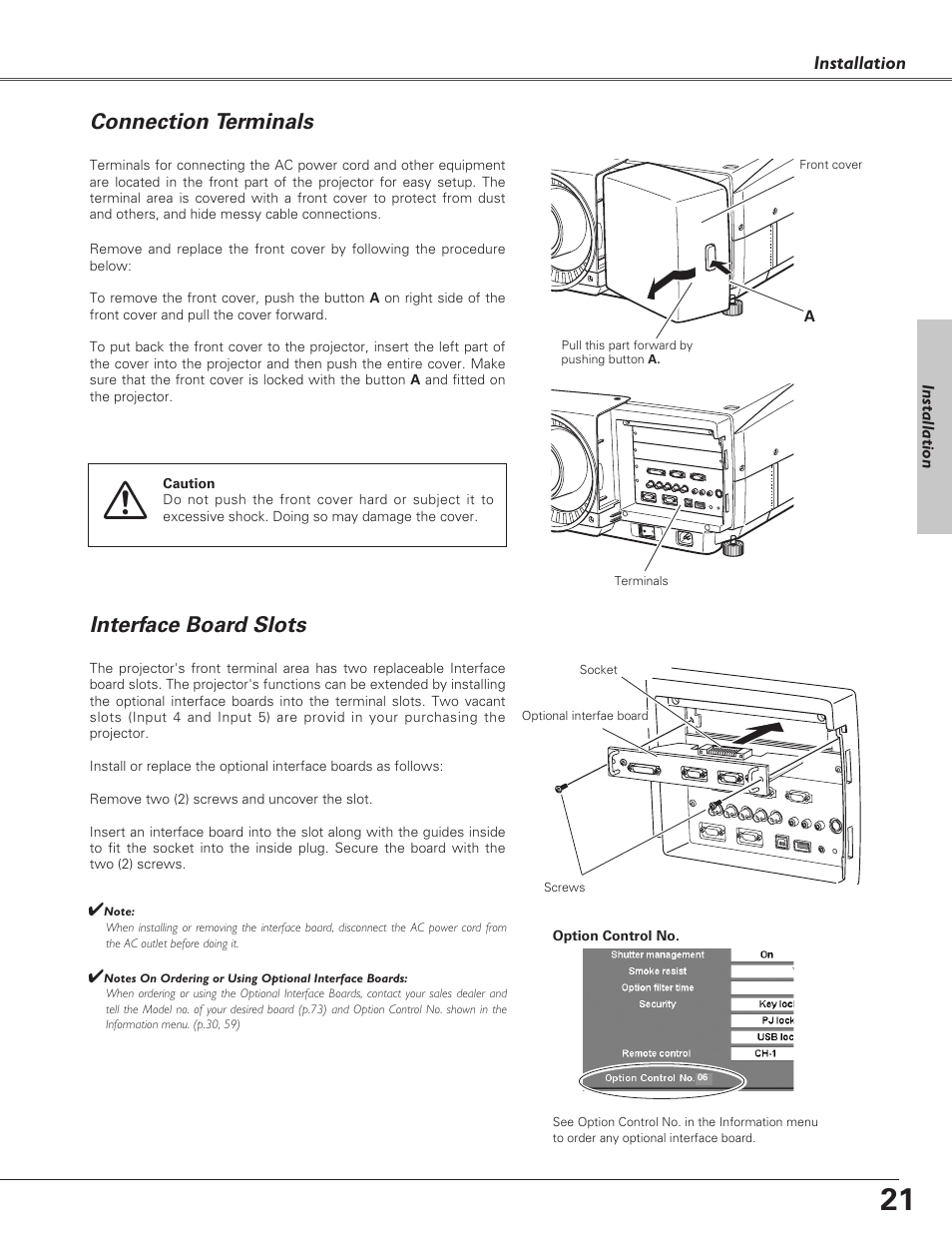 Connection terminals, Interface board slots | Sanyo PLC-XF60A User Manual | Page 21 / 82