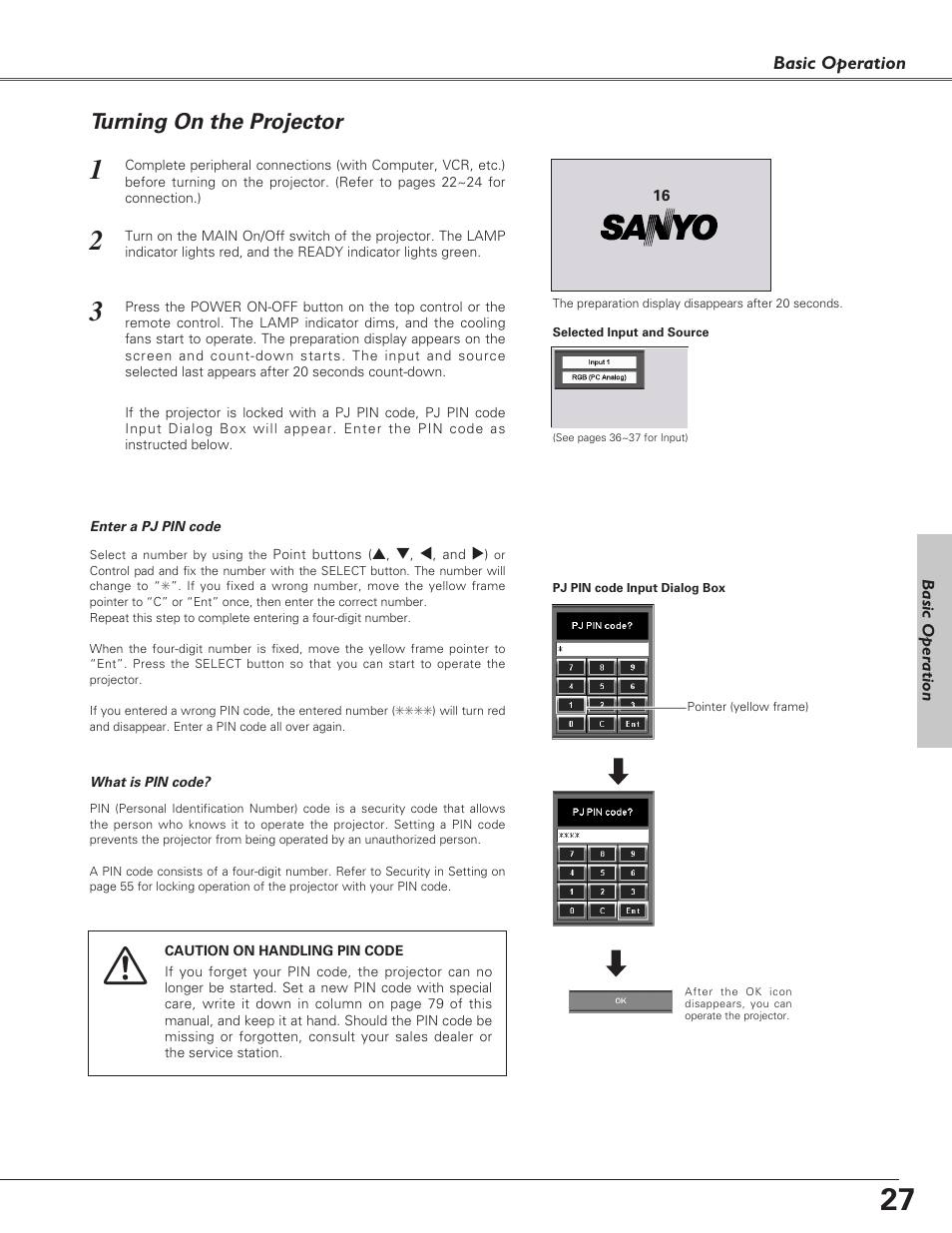 Turning on the projector | Sanyo PLC-XF60A User Manual | Page 27 / 82