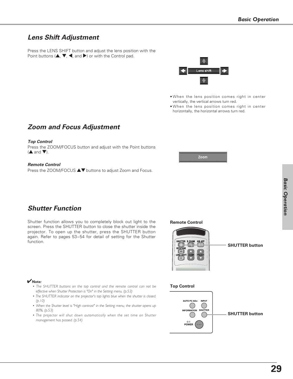 Lens shift adjustment, Zoom and focus adjustment, Shutter function | Zoom and focus adjustment lens shift adjustment, Basic operation, Basic oper ation | Sanyo PLC-XF60A User Manual | Page 29 / 82