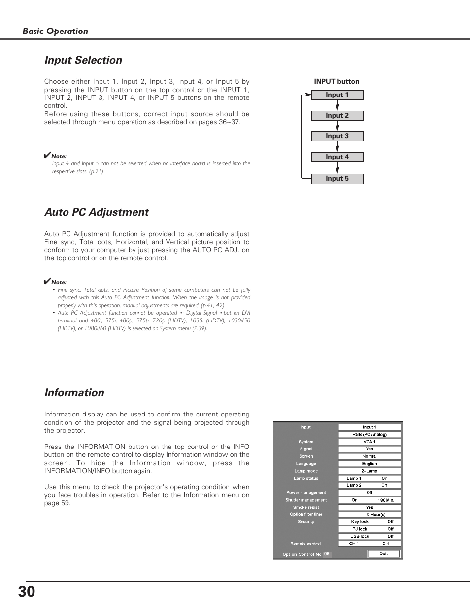 Input selection, Auto pc adjustment, Information | Auto pc adjustment input selection | Sanyo PLC-XF60A User Manual | Page 30 / 82