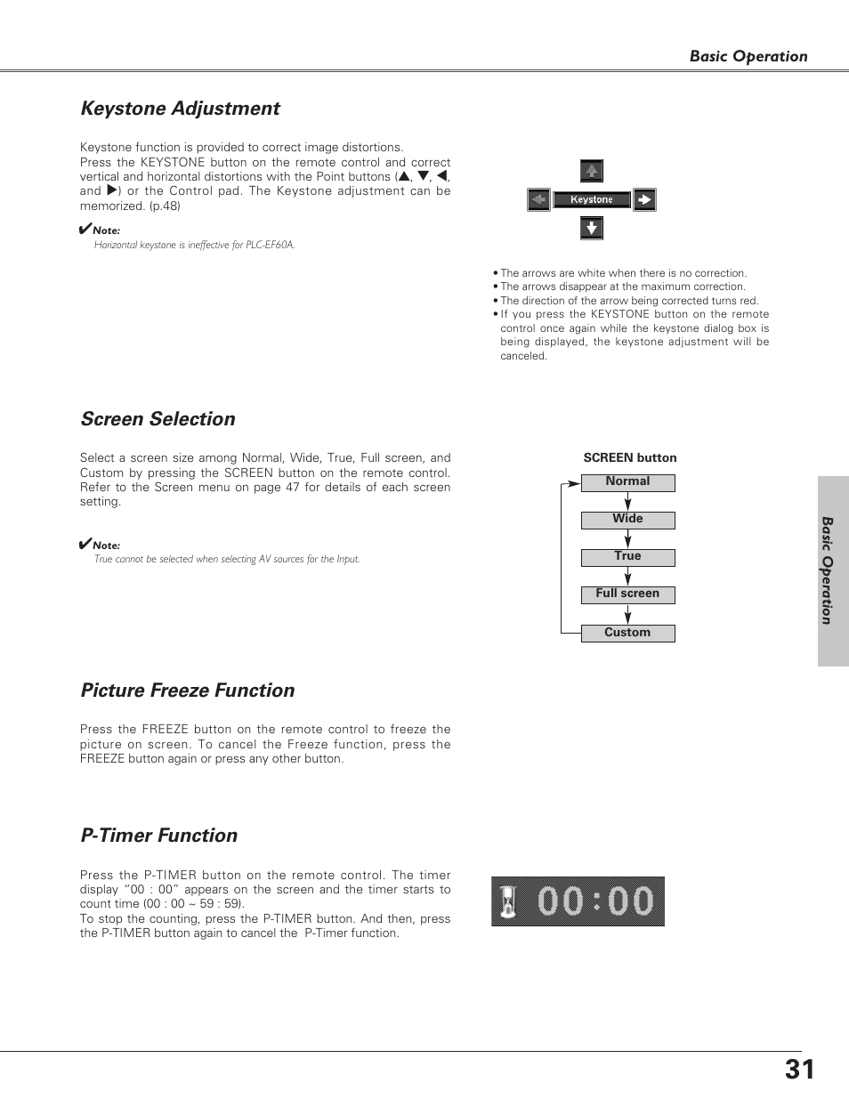 Keystone adjustment, Screen selection, Picture freeze function | P-timer function | Sanyo PLC-XF60A User Manual | Page 31 / 82