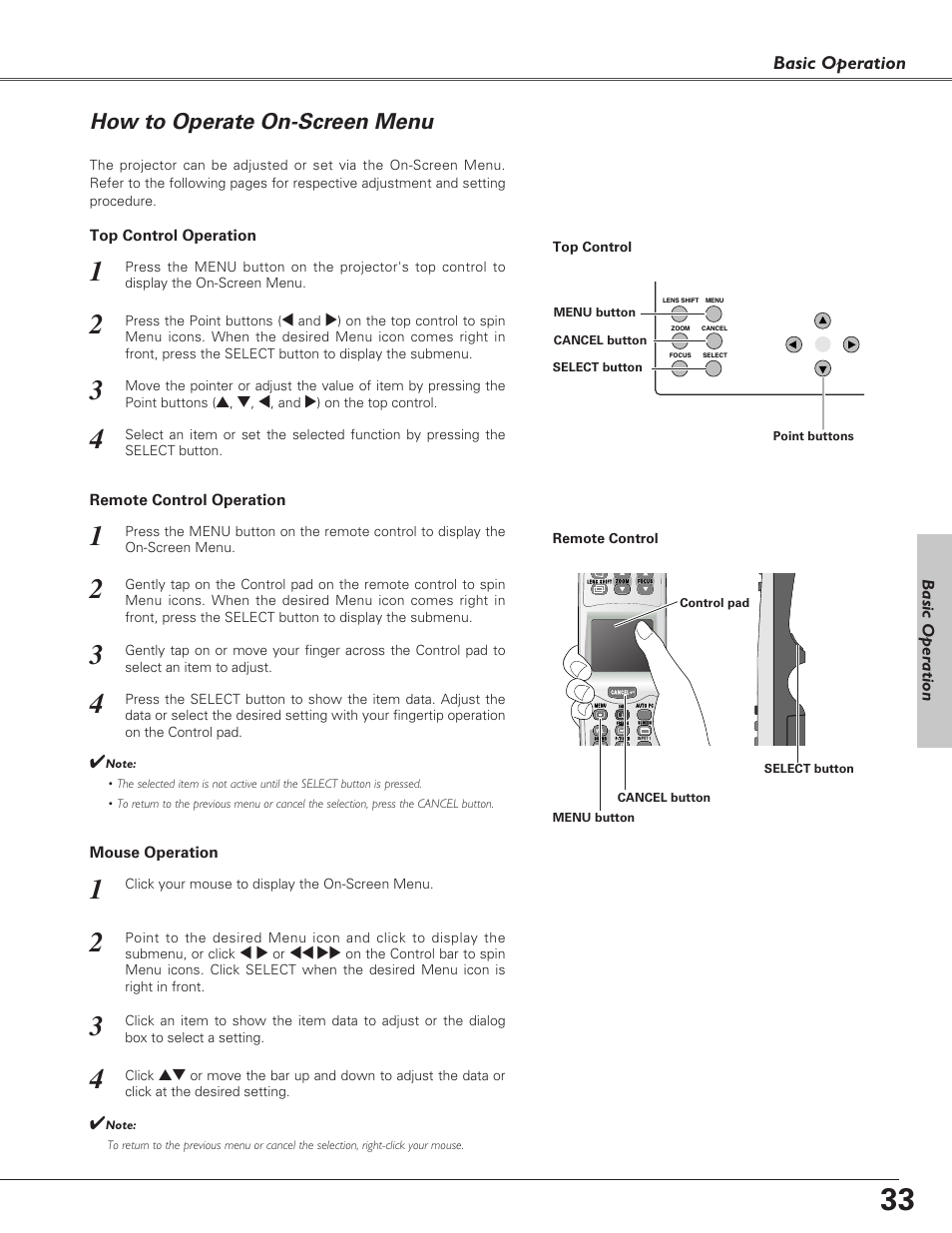 How to operate on-screen menu, Basic operation, Basic oper ation | Sanyo PLC-XF60A User Manual | Page 33 / 82