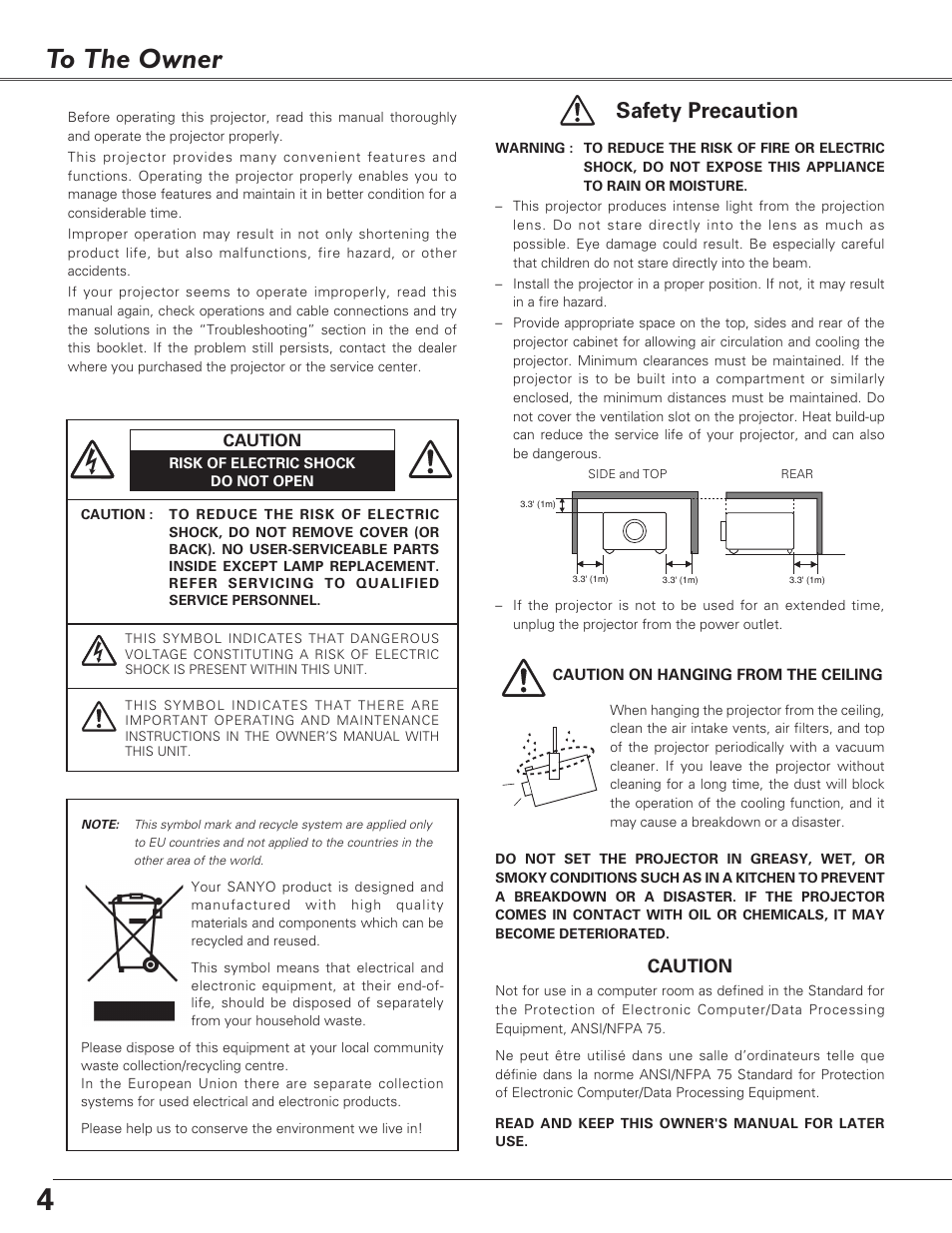 To the owner, Safety precaution, Caution | Sanyo PLC-XF60A User Manual | Page 4 / 82