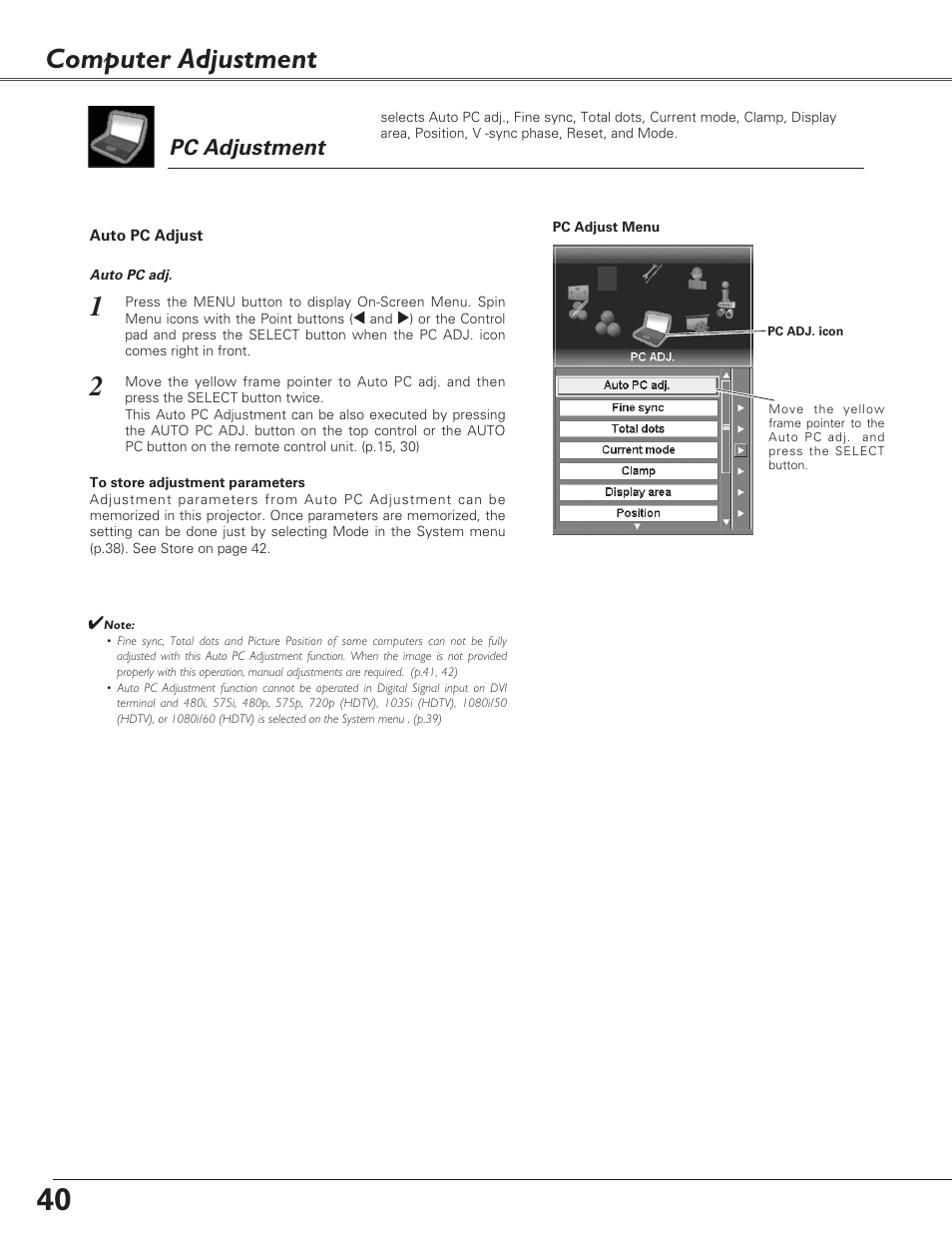 Computer adjustment, Pc adjustment, Auto pc adjust | Sanyo PLC-XF60A User Manual | Page 40 / 82