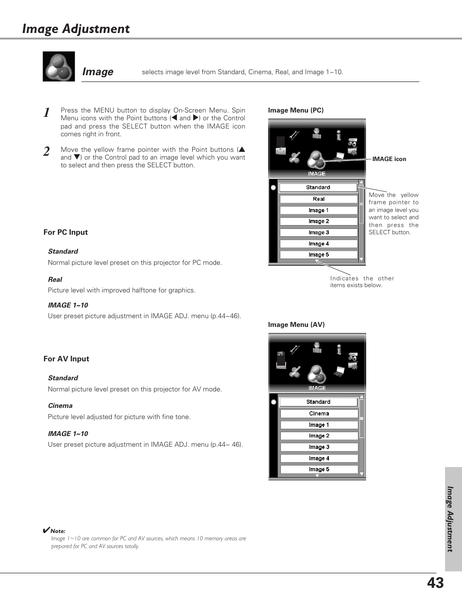 Image adjustment, Image | Sanyo PLC-XF60A User Manual | Page 43 / 82