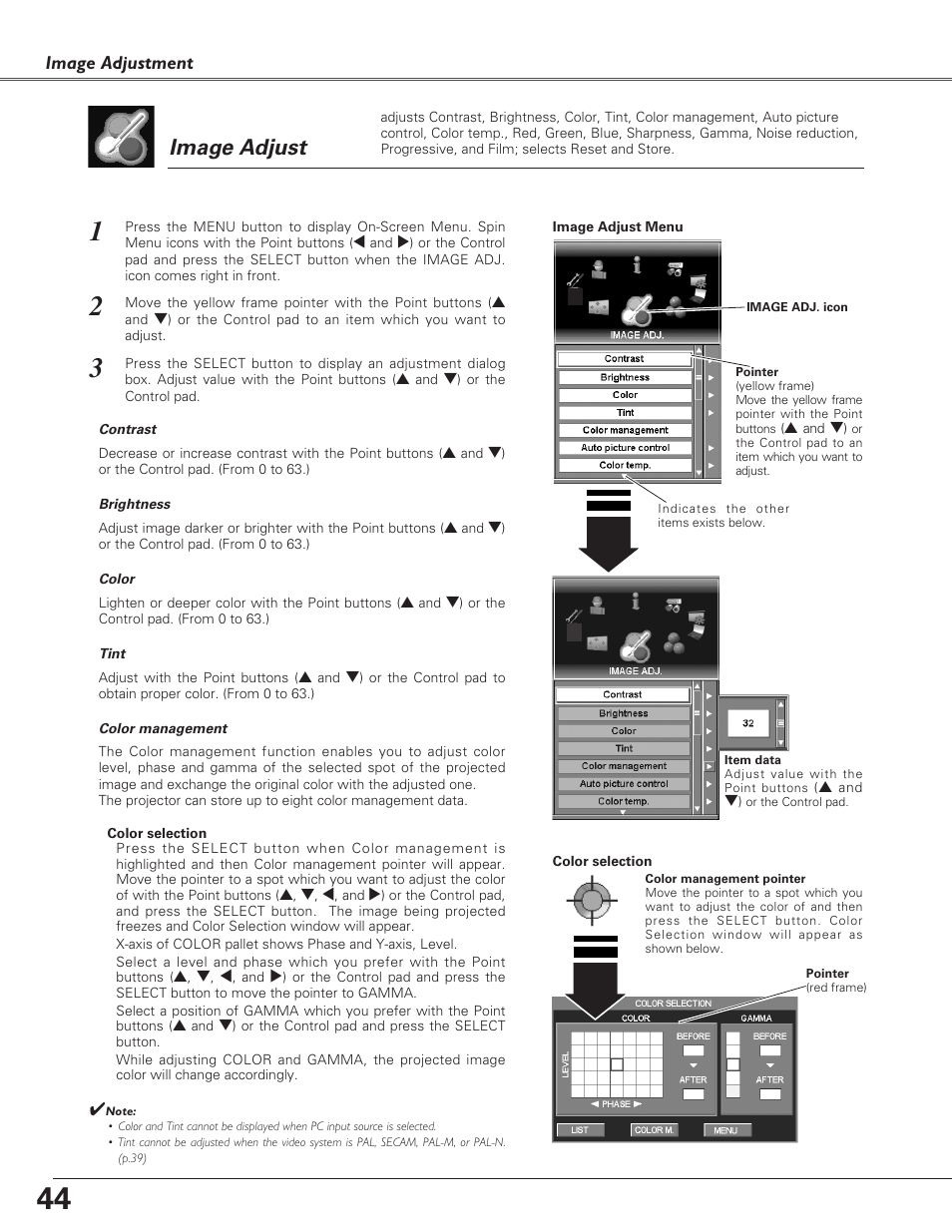 Image adjust | Sanyo PLC-XF60A User Manual | Page 44 / 82