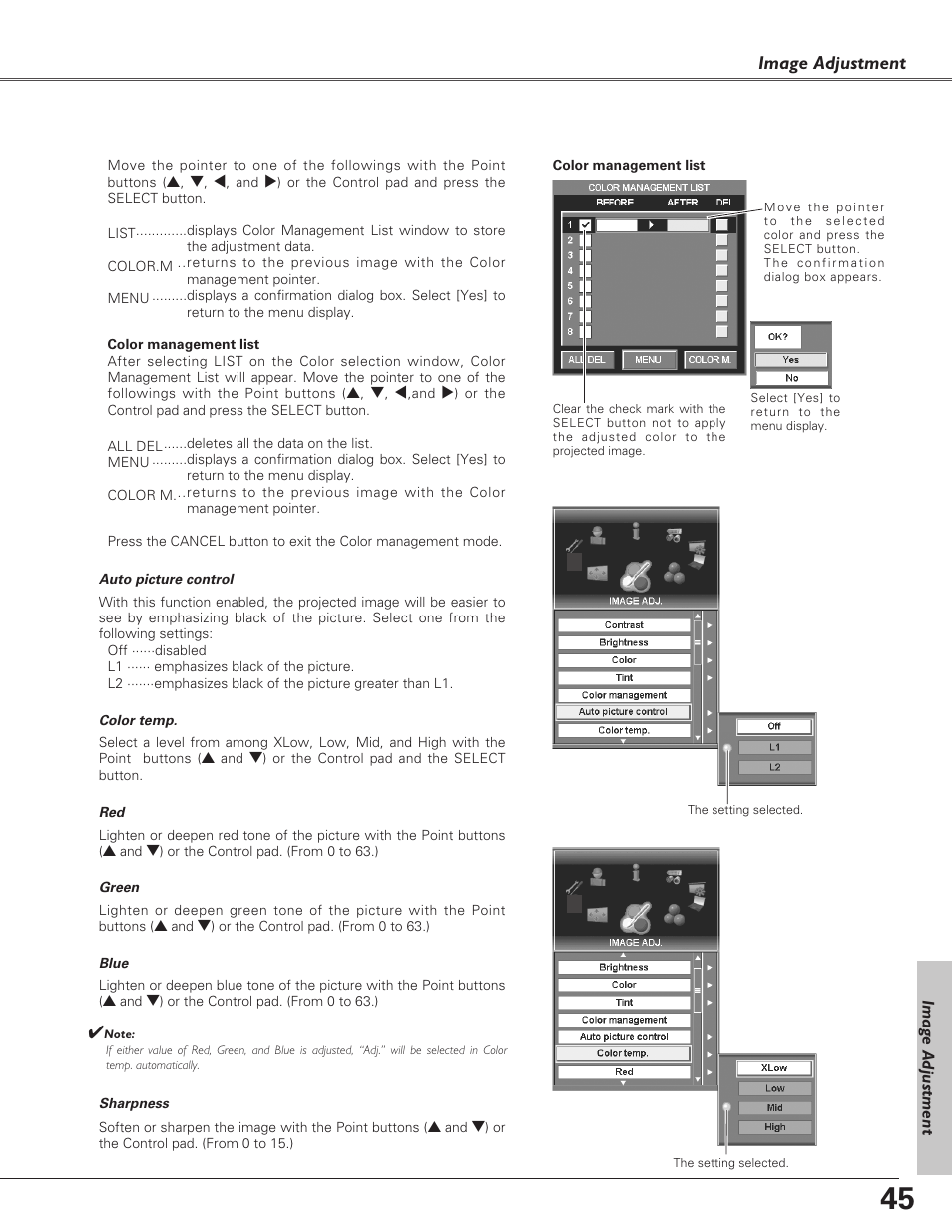 Image adjustment | Sanyo PLC-XF60A User Manual | Page 45 / 82