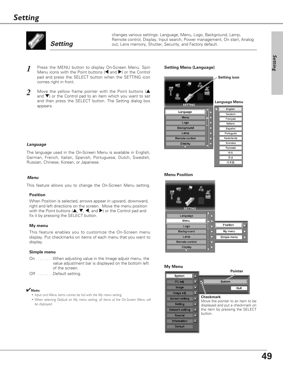 Setting | Sanyo PLC-XF60A User Manual | Page 49 / 82