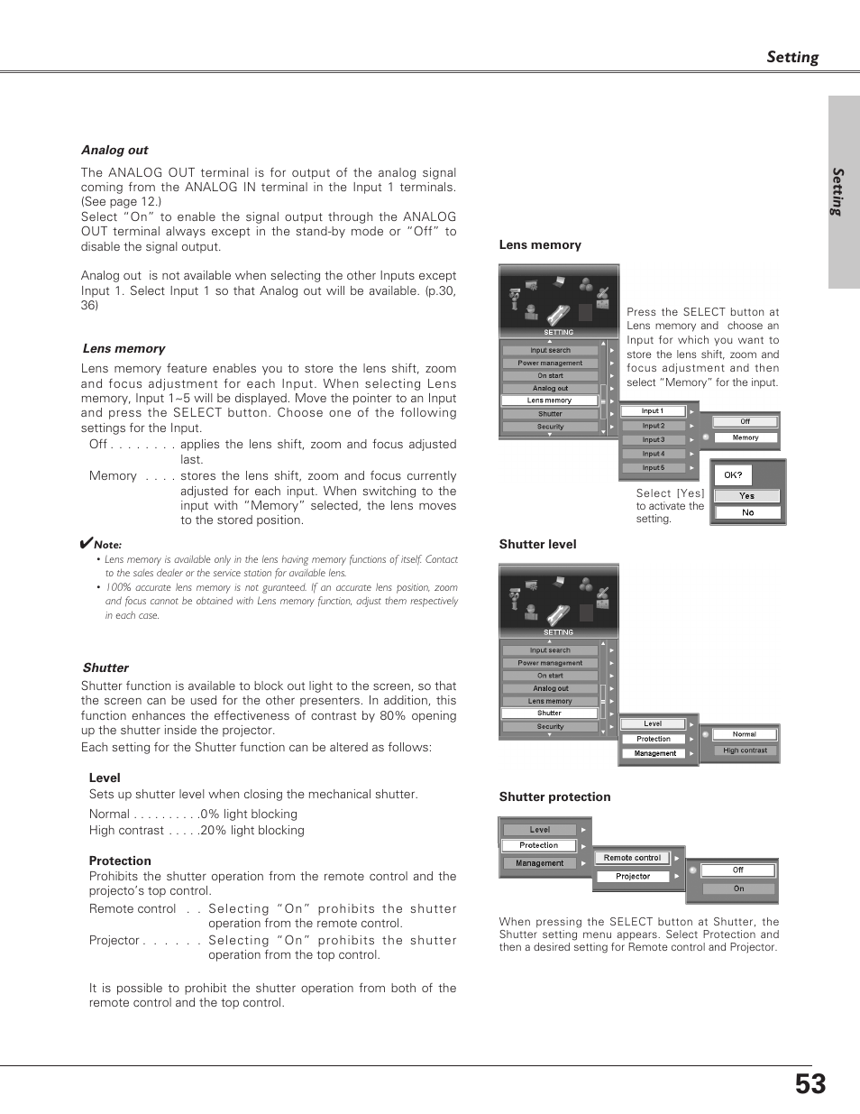 Setting | Sanyo PLC-XF60A User Manual | Page 53 / 82