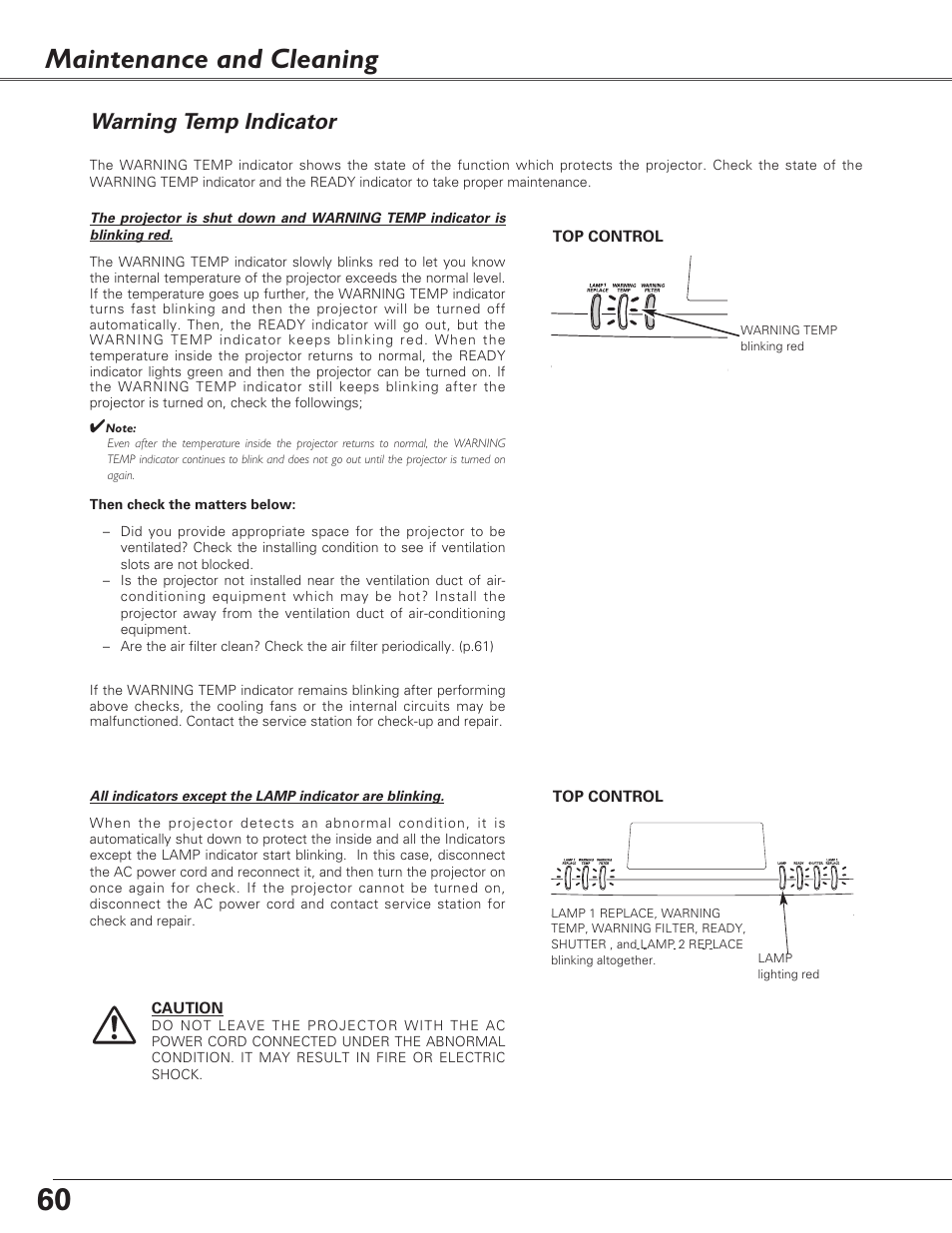 Maintenance and cleaning, Warning temp indicator | Sanyo PLC-XF60A User Manual | Page 60 / 82