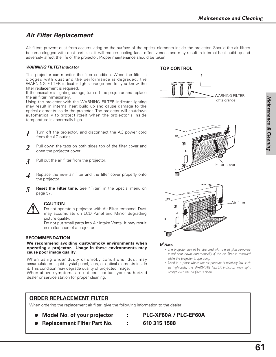 Air filter replacement | Sanyo PLC-XF60A User Manual | Page 61 / 82