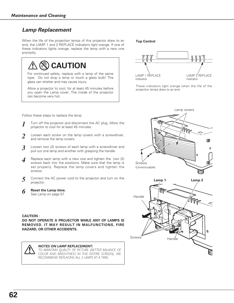 Lamp replacement, Caution | Sanyo PLC-XF60A User Manual | Page 62 / 82
