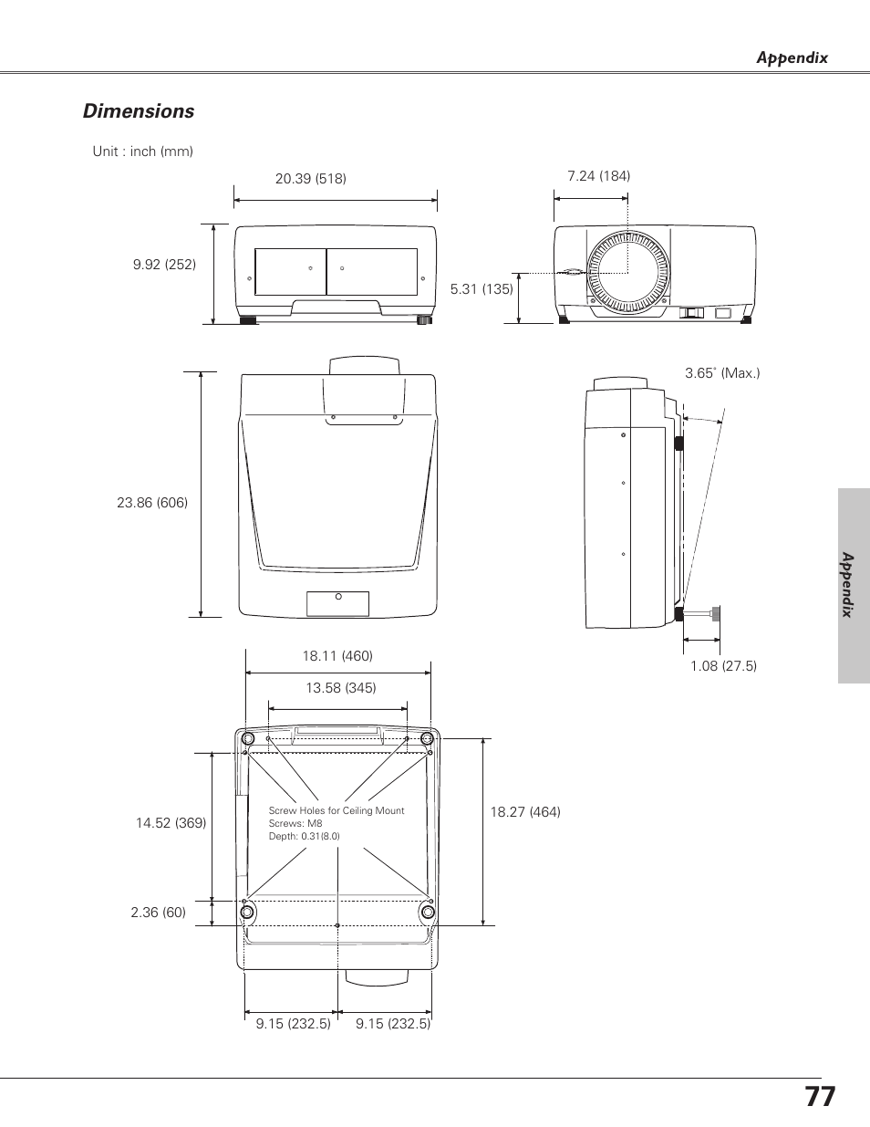 Dimensions | Sanyo PLC-XF60A User Manual | Page 77 / 82