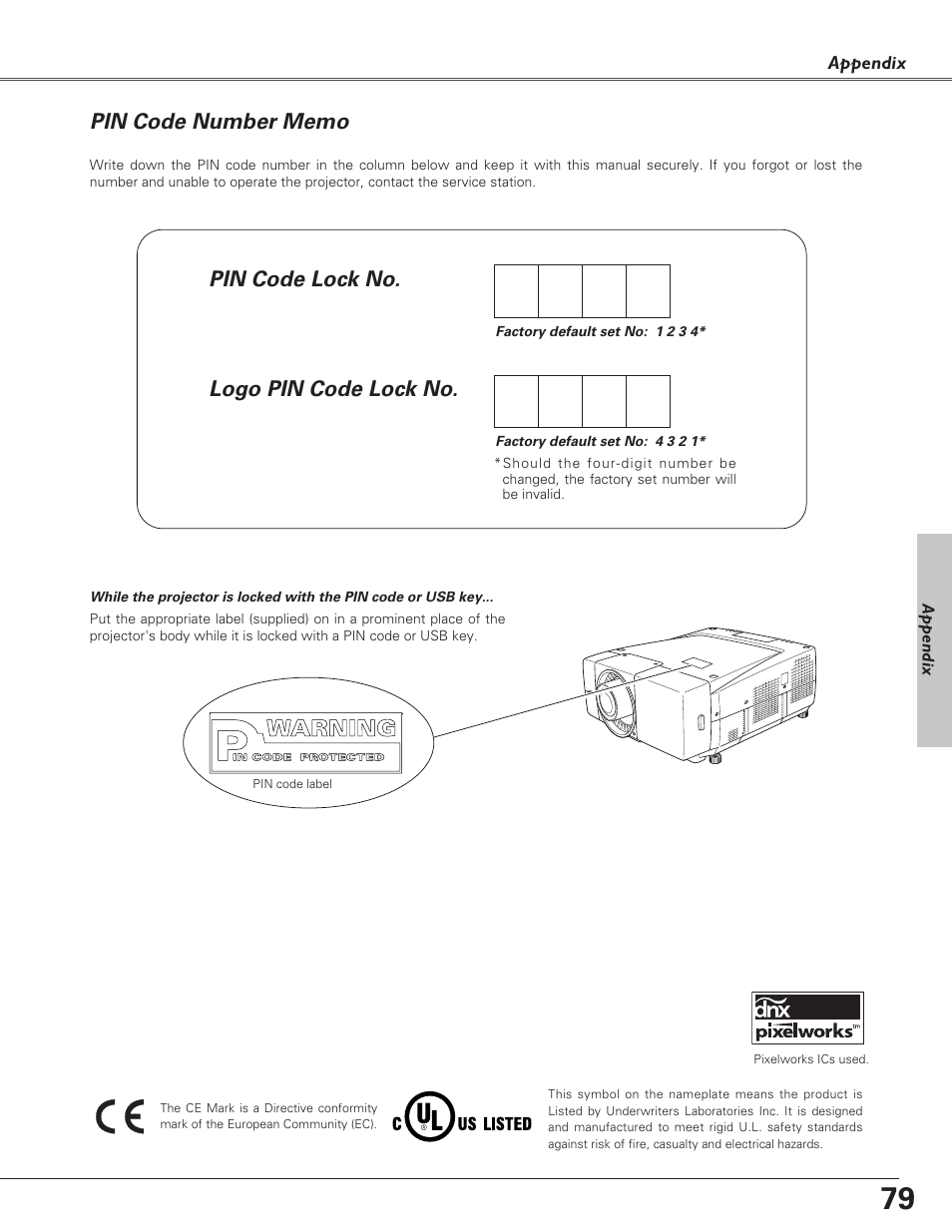 Pin code number memo | Sanyo PLC-XF60A User Manual | Page 79 / 82