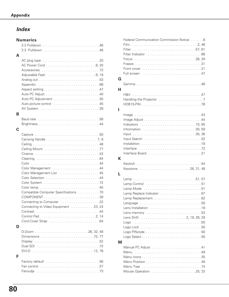 Index | Sanyo PLC-XF60A User Manual | Page 80 / 82