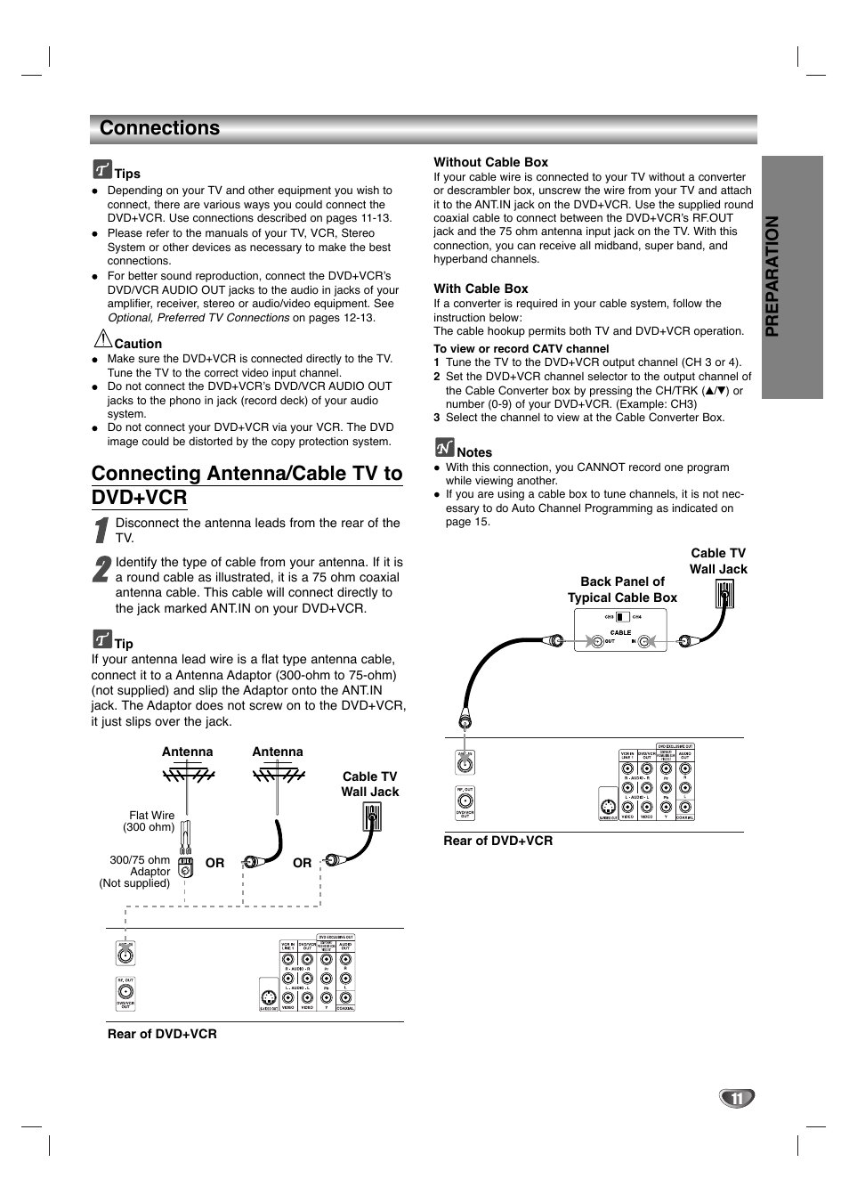 Connections, Connecting antenna/cable tv to dvd+vcr, Prep ara tion | Sanyo DVC-2700 User Manual | Page 11 / 37
