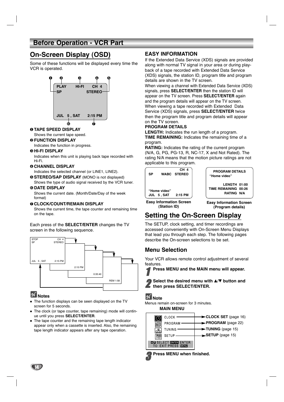 On-screen display (osd), Setting the on-screen display, Before operation - vcr part | Menu selection, Easy information | Sanyo DVC-2700 User Manual | Page 14 / 37