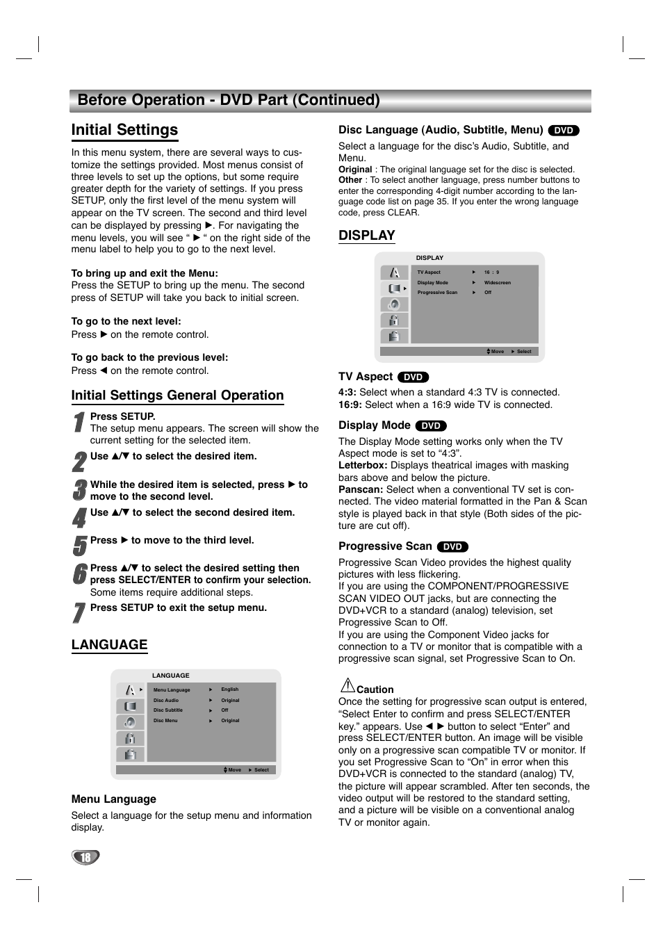 Initial settings general operation, Language, Display | Sanyo DVC-2700 User Manual | Page 18 / 37