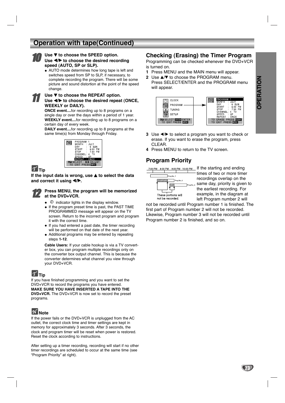 Operation with tape(continued), Opera tion, Checking (erasing) the timer program | Program priority | Sanyo DVC-2700 User Manual | Page 23 / 37
