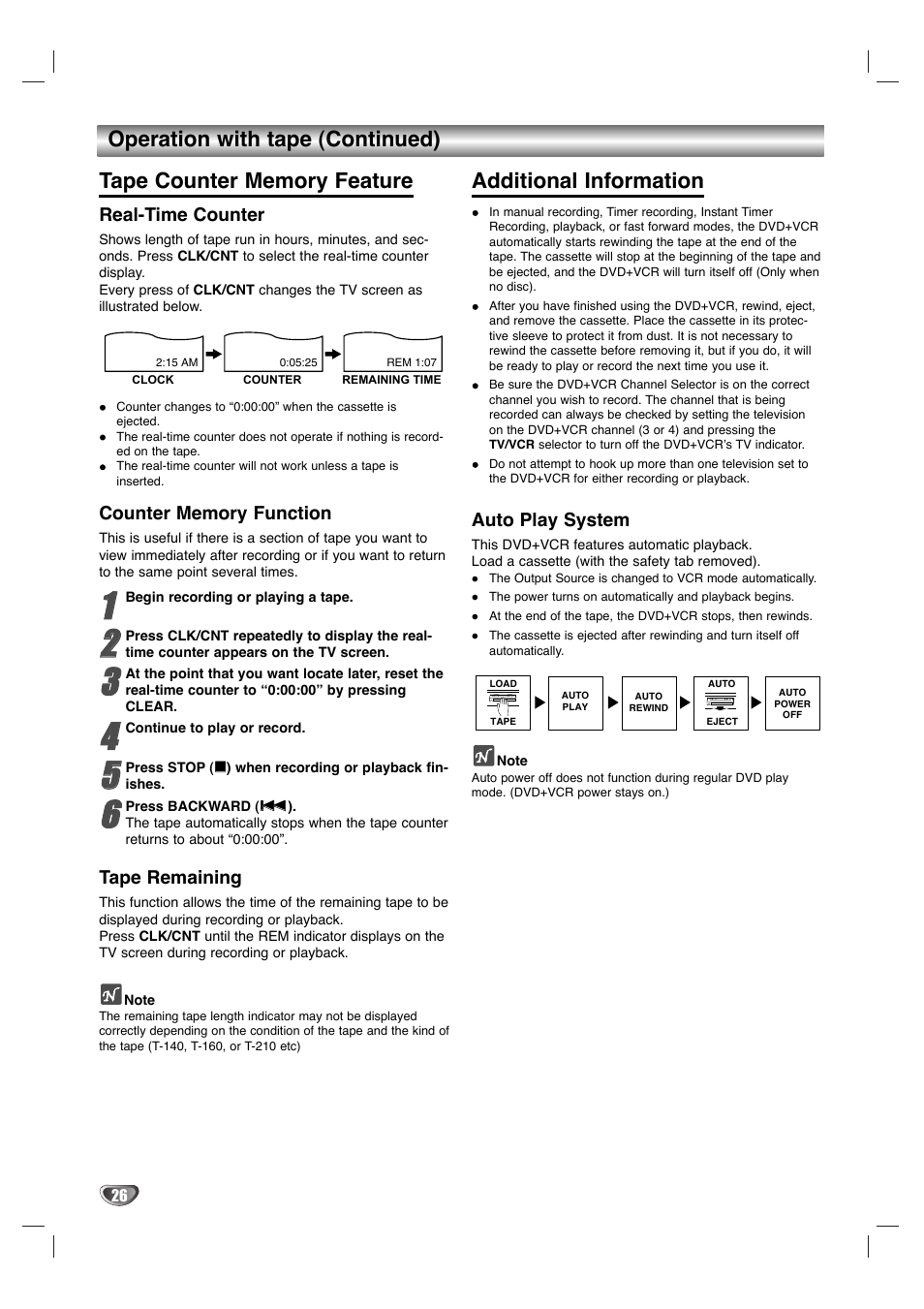 Additional information, Real-time counter, Tape remaining | Auto play system | Sanyo DVC-2700 User Manual | Page 26 / 37