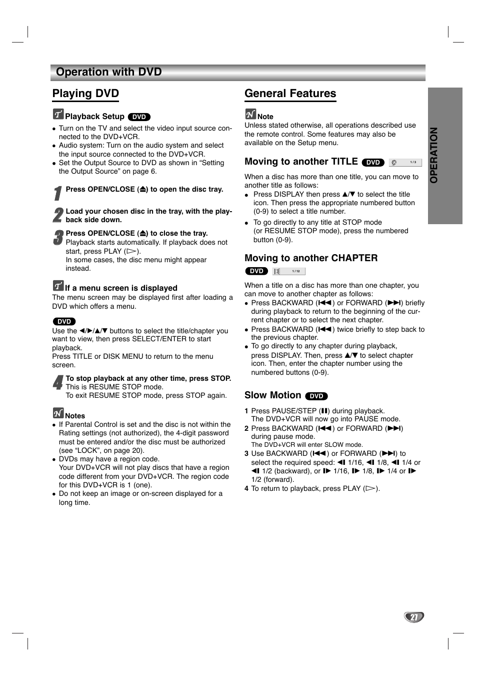 Operation with dvd playing dvd, General features | Sanyo DVC-2700 User Manual | Page 27 / 37