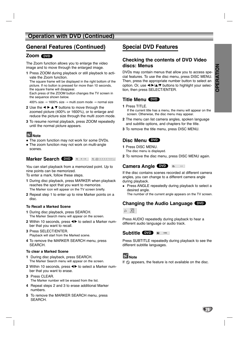 Special dvd features, Opera tion, Zoom | Marker search, Checking the contents of dvd video discs: menus, Title menu, Disc menu, Camera angle, Changing the audio language, Subtitle | Sanyo DVC-2700 User Manual | Page 29 / 37