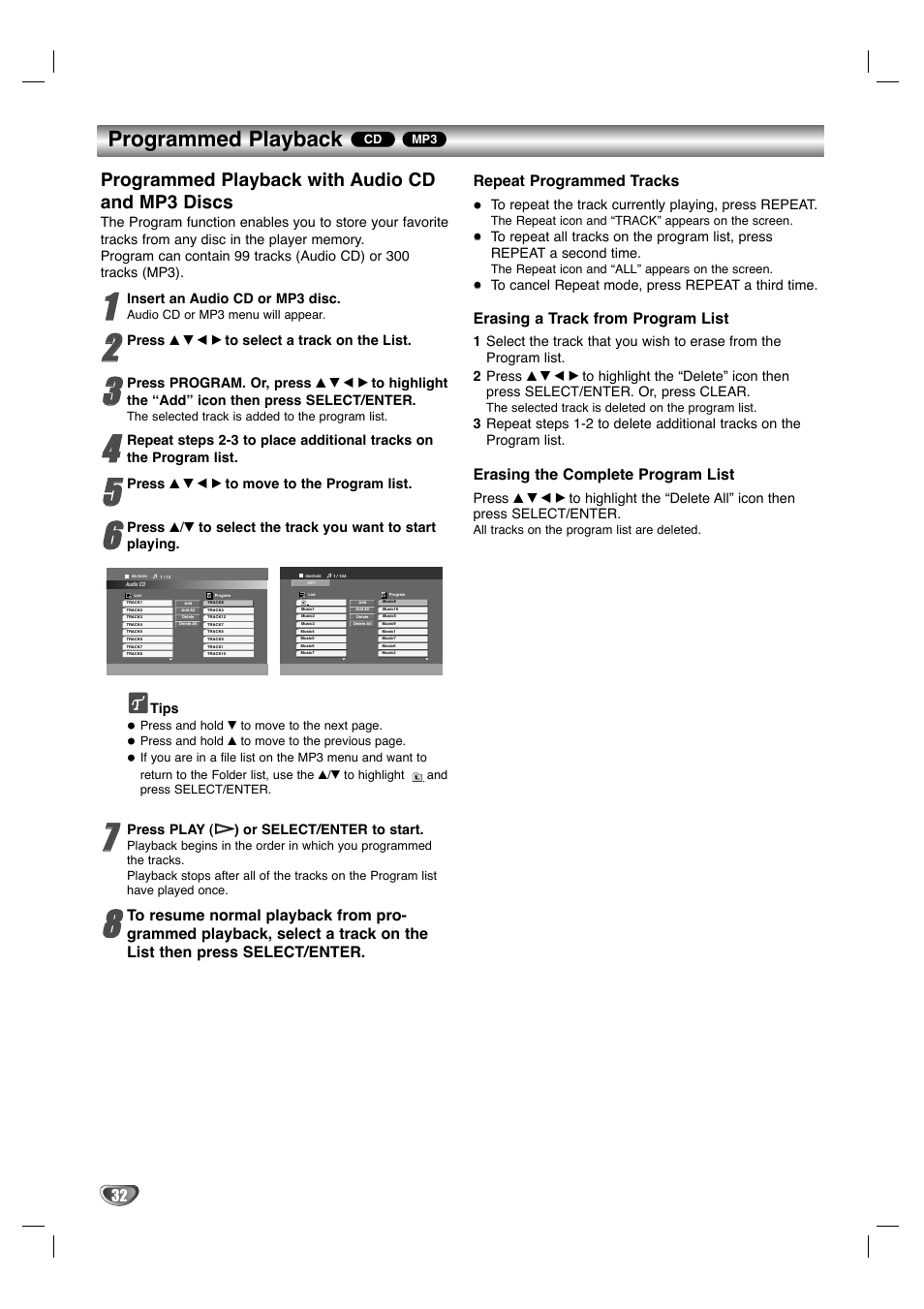 Programmed playback, Programmed playback with audio cd and mp3 discs, Erasing a track from program list | Erasing the complete program list, Insert an audio cd or mp3 disc, Press play ( h h ) or select/enter to start | Sanyo DVC-2700 User Manual | Page 32 / 37