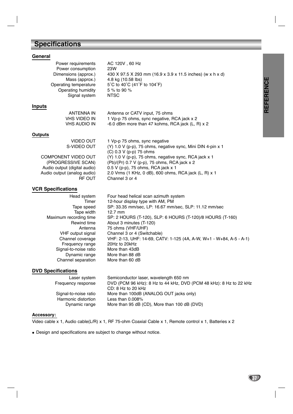 Specifications, Reference | Sanyo DVC-2700 User Manual | Page 37 / 37