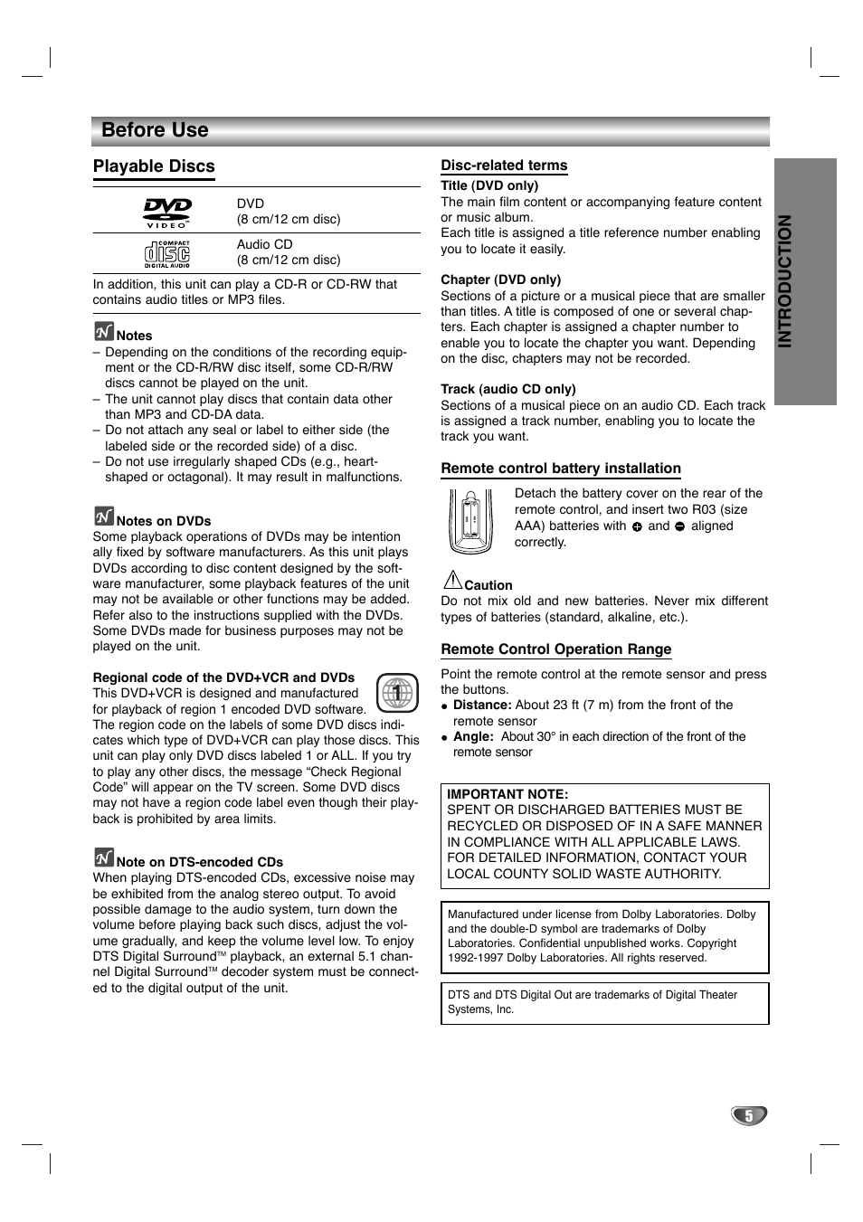 Before use, Introduction, Playable discs | Sanyo DVC-2700 User Manual | Page 5 / 37