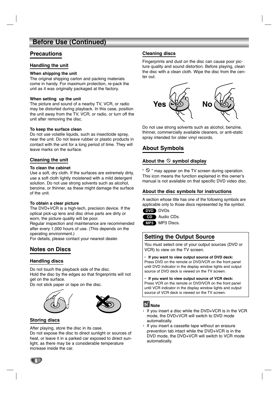 No yes, Before use (continued), Precautions | About symbols, Setting the output source | Sanyo DVC-2700 User Manual | Page 6 / 37