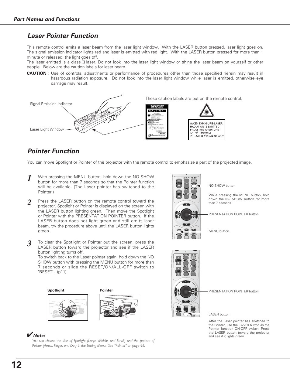 Laser pointer function, Pointer function | Sanyo PLC-SU51 User Manual | Page 12 / 64