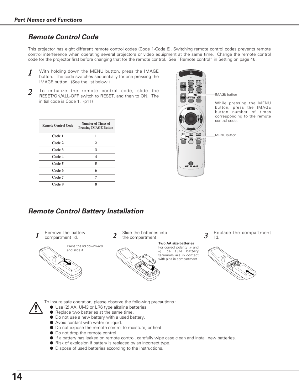 Remote control code, Remote control battery insta, Remote control battery installation | Sanyo PLC-SU51 User Manual | Page 14 / 64
