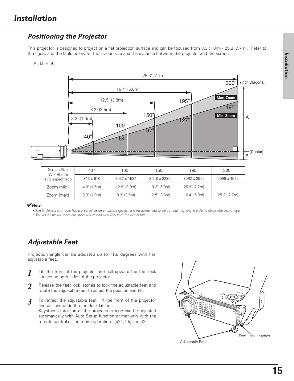 Installation, Positioning the projector, Adjustable feet | Sanyo PLC-SU51 User Manual | Page 15 / 64