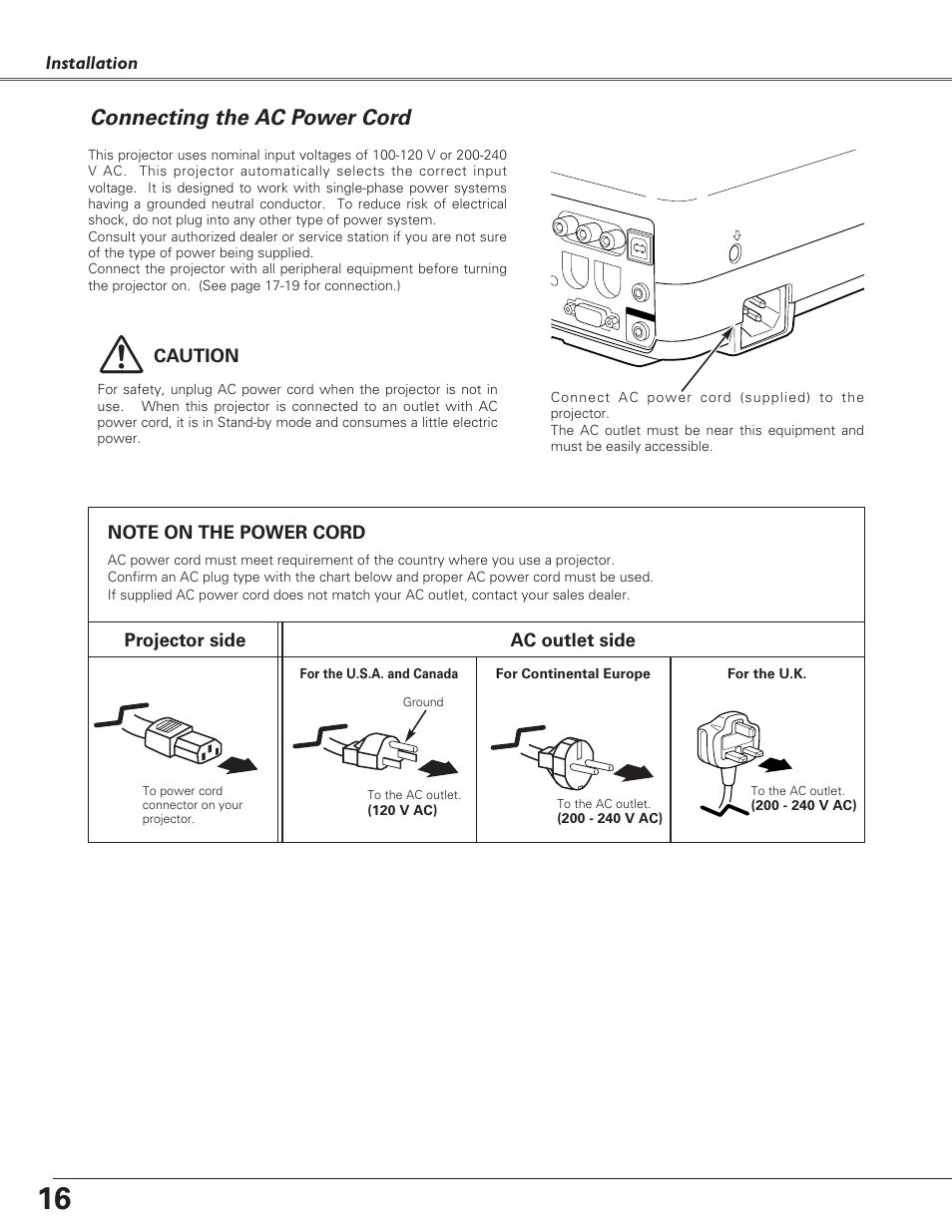 Connecting the ac power cord | Sanyo PLC-SU51 User Manual | Page 16 / 64