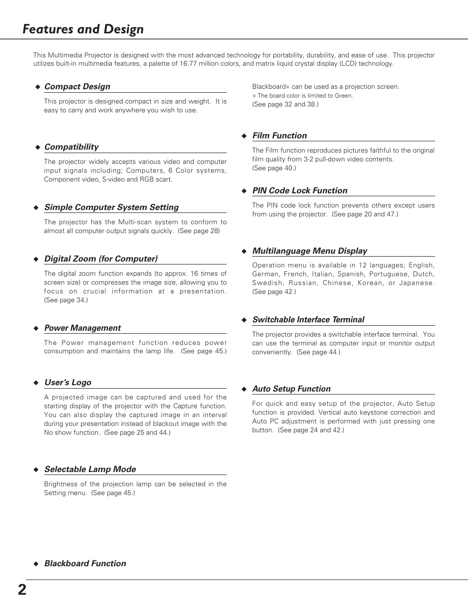 Features and design | Sanyo PLC-SU51 User Manual | Page 2 / 64